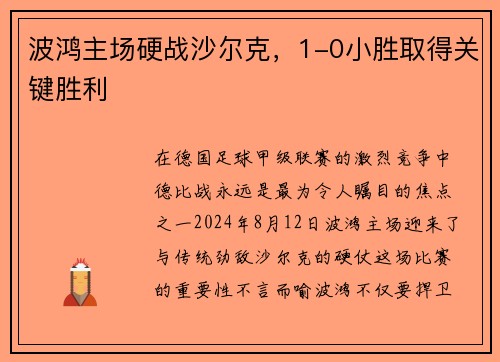 波鸿主场硬战沙尔克，1-0小胜取得关键胜利