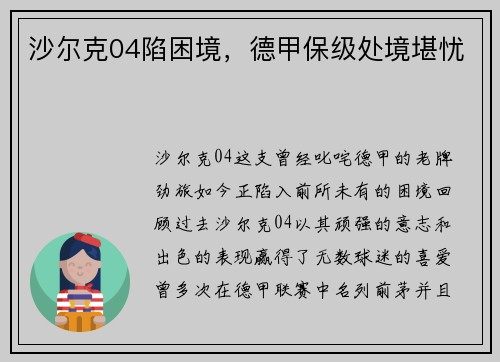 沙尔克04陷困境，德甲保级处境堪忧